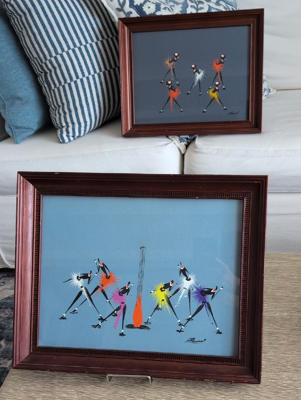 Mid-Century Vintage African Folk Framed Dance Figurine Artwork 2 Piece